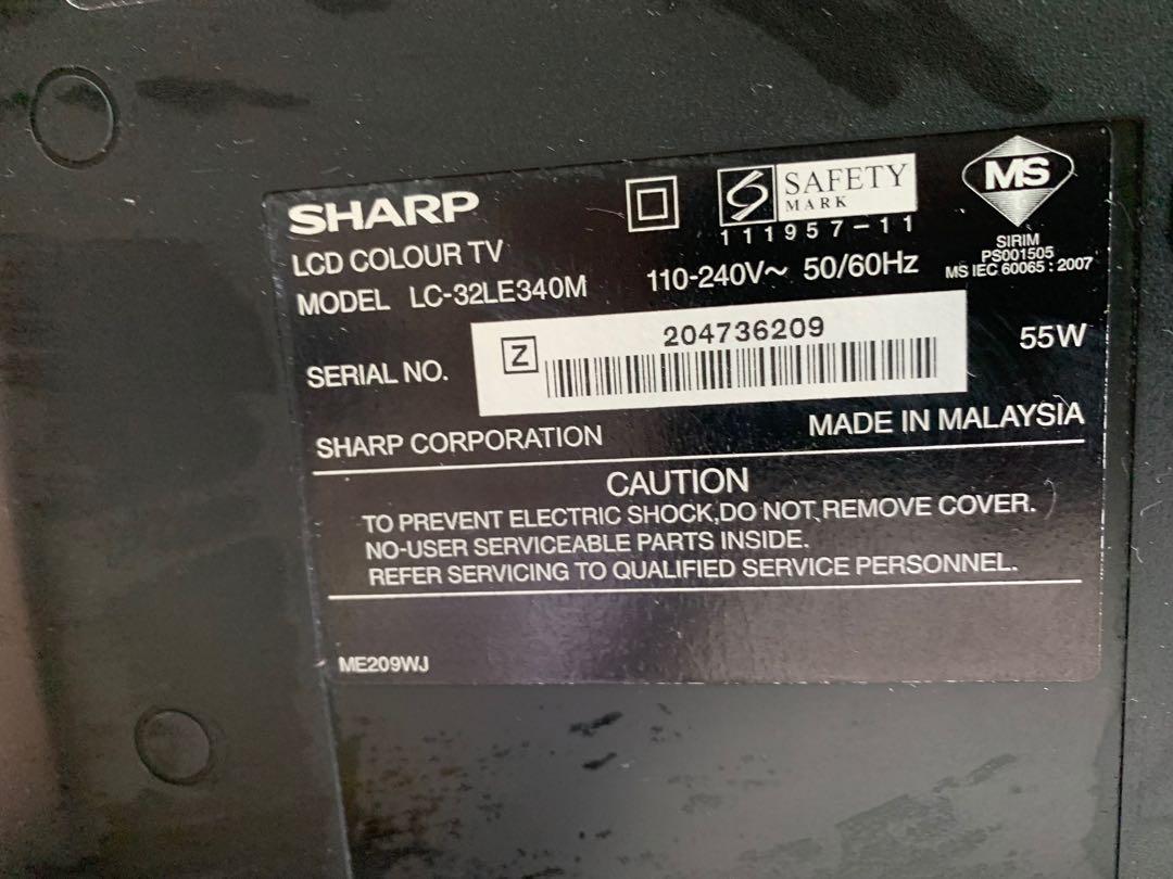 Sharp LCD 32” TV (Category: TV) located in Singapore. Submitted by co0ol (Listing ID 1066499921, Image 2). Description: Self-collection only Still functional Comes with power cable and hdmi cable Pm me for more details 😬 .