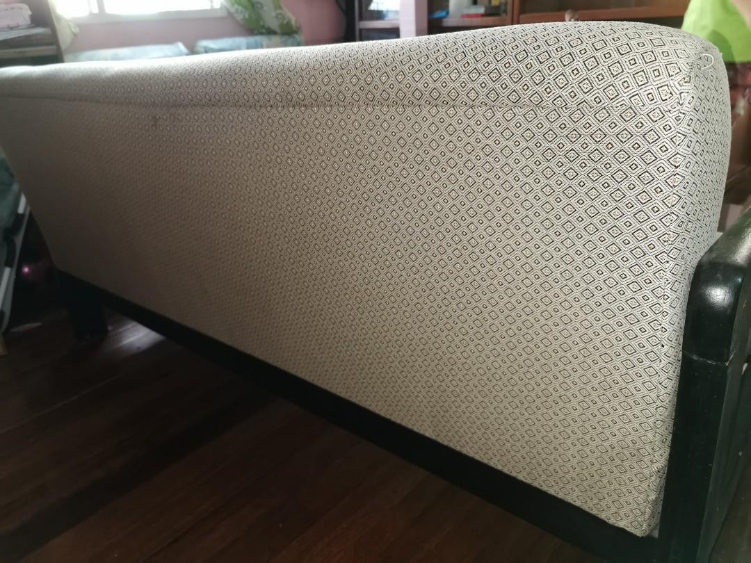 Sofa set with wooden arm rest (Category: Sofas) located in Mandaluyong City. Submitted by pangs0 (Listing ID 1066527834, Image 3). Description: ☑️ Sold as set - 1 long couch and 2 single couches ☑️ 8/10 condition ☑️ Needs deep cleaning RFS: bawas gamit dahil maglilipat bahay.
