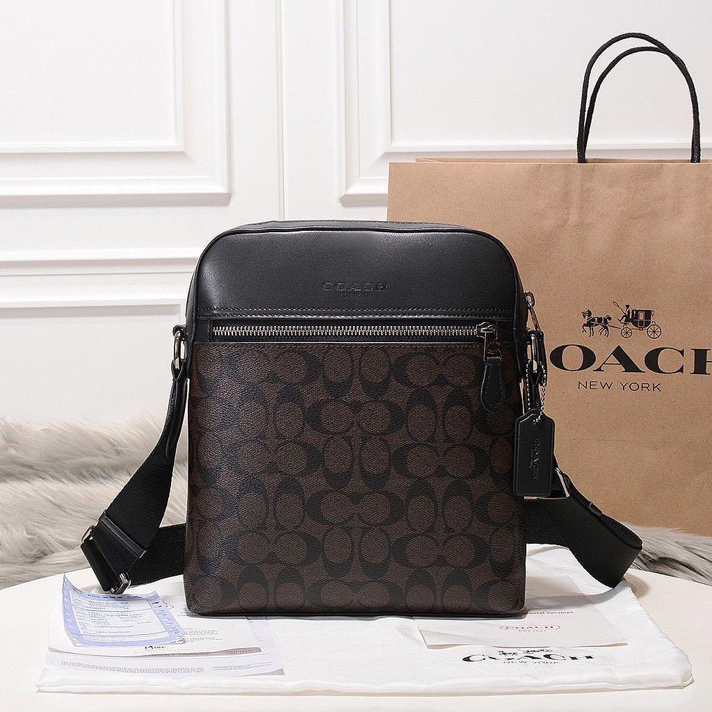 Brown Coach Monogram Square Men Crossbody Sling Leather Travel Man Shoulders Cool plain logo zip nice big holiday tote bag formal small Work Zips