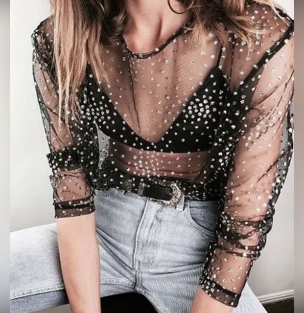 black mesh sequin top