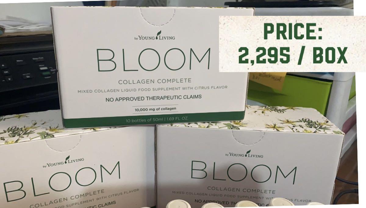 Bloom Collagen (Category: Vitamins & Supplements) located in Las Pinas. Submitted by m_tec (Listing ID 1060606400, Image 1). Description: 10 bottles / box Whatever your skin type is, BLOOM by Young Living helps to brighten your skin's appearance and restore an even skin tone! It includes a brightening skincare system and a beauty drink, Collagen Complete that supports skin health both externally and internally. With Young Living’s Seed to Seal® c