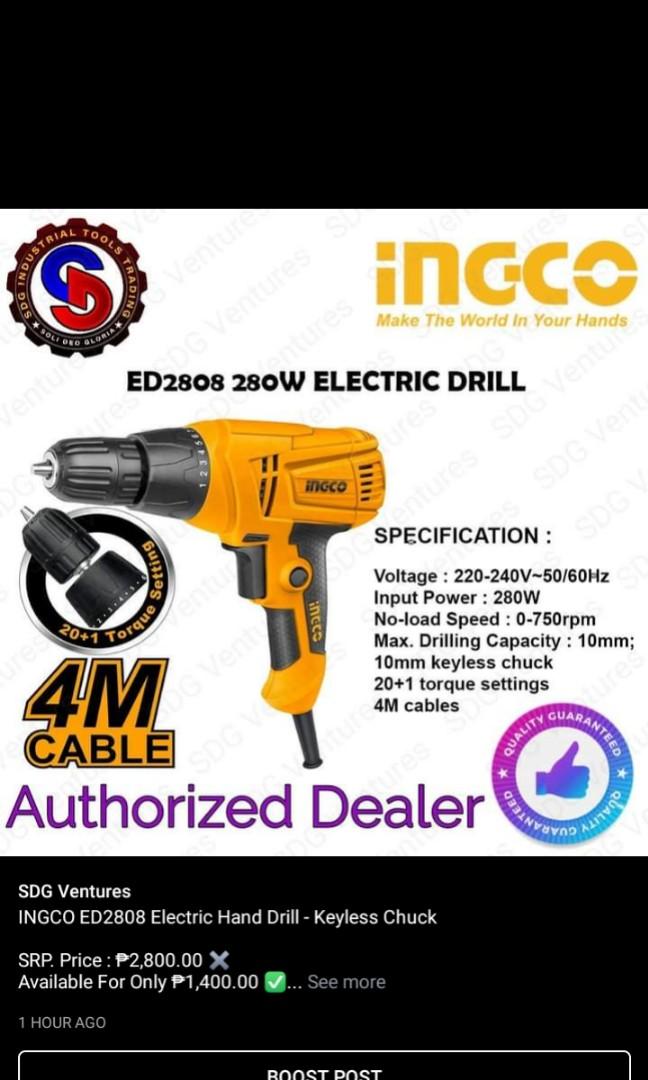 INGCO 280W Electric Drill (Category: Construction Tools & Equipment) located in Caloocan City. Submitted by abieghail (Listing ID 1060525011, Image 1). Description: INGCO ED2808 Electric Hand Drill - Keyless Chuck - 10mm Keyless Chuck - 20+1 Torque Settings - 4M Cable Model: ED2808 Voltage: 220-240V~50/60Hz Input power: 280W No-load speed: 0-750rpm Max.Drilling Capacity: 10mm - With extra carbon brushes - Manual and warranty card Meet-up @Nearby 