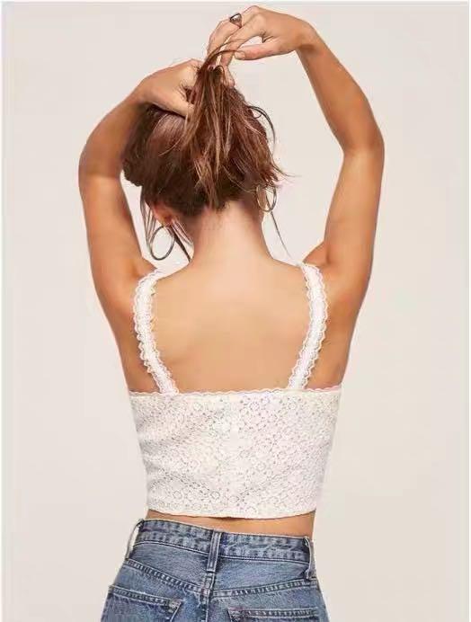 Floral Lace Shirred Back Crop Tank Top in White