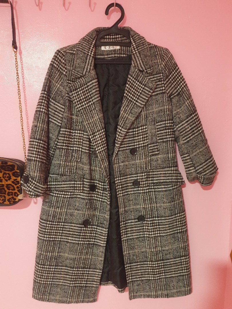 Plaid Black and White Trench Coat, Women's Fashion, Coats, Jackets and