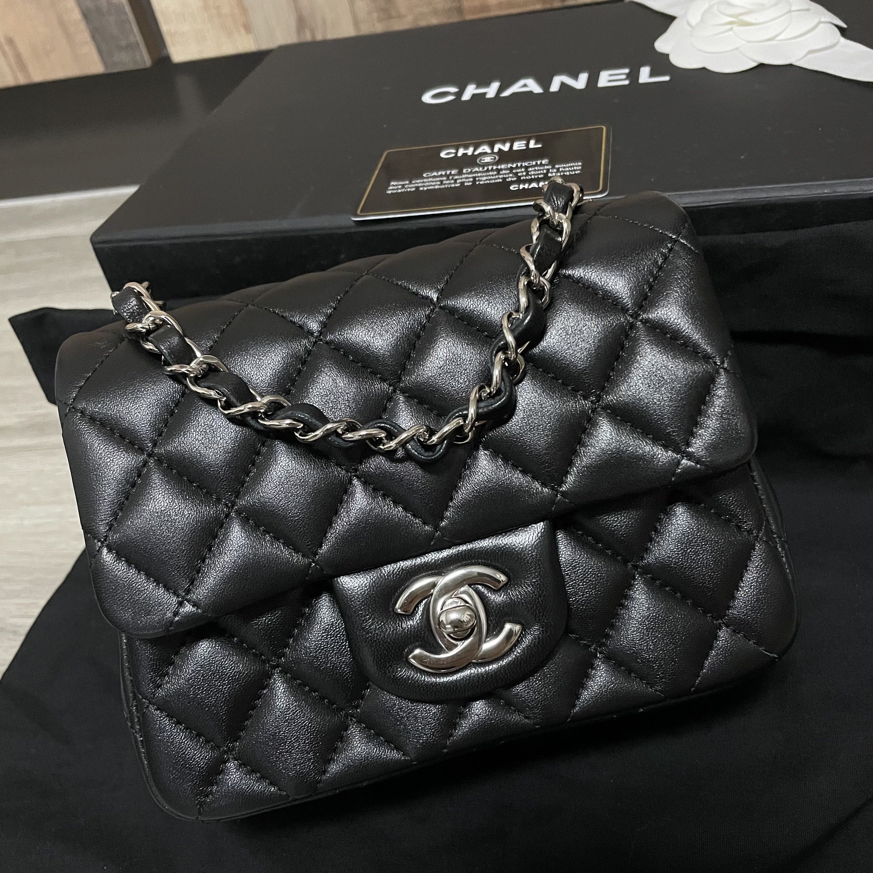 Chanel Mini Square Classic Flap Bag Black Lambskin Silver Hardware