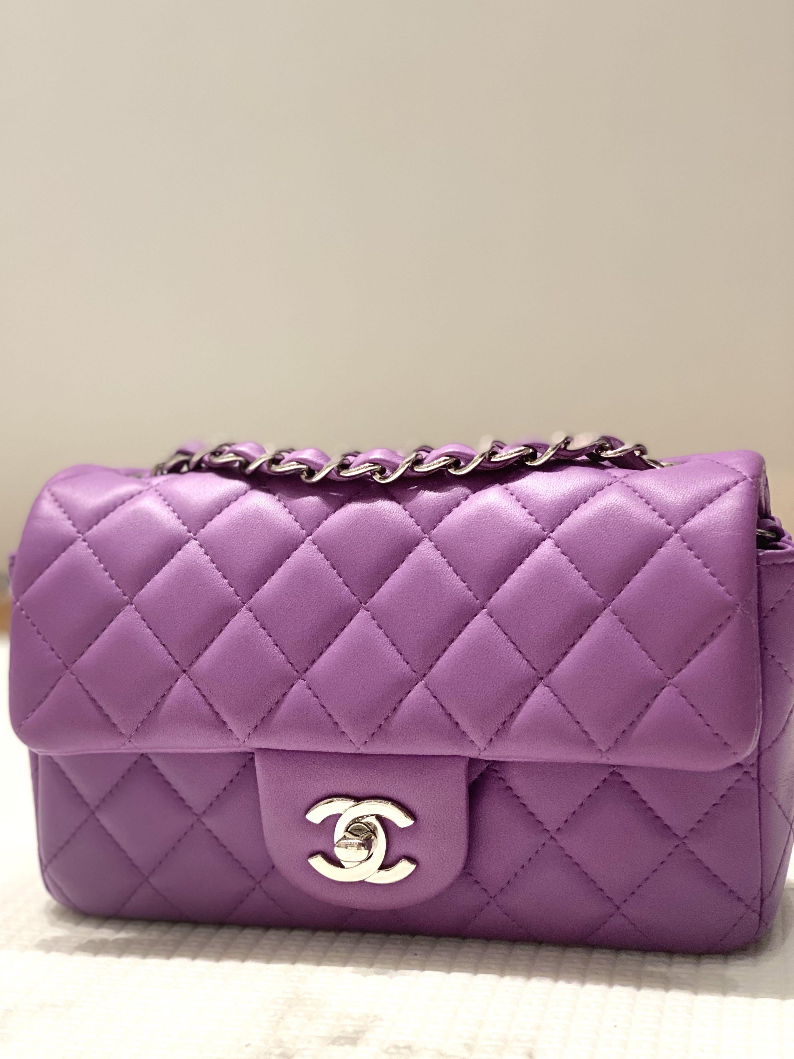 Pre-owned Chanel Mini Rectangular Flap Bag Purple Lambskin Silver Hardware