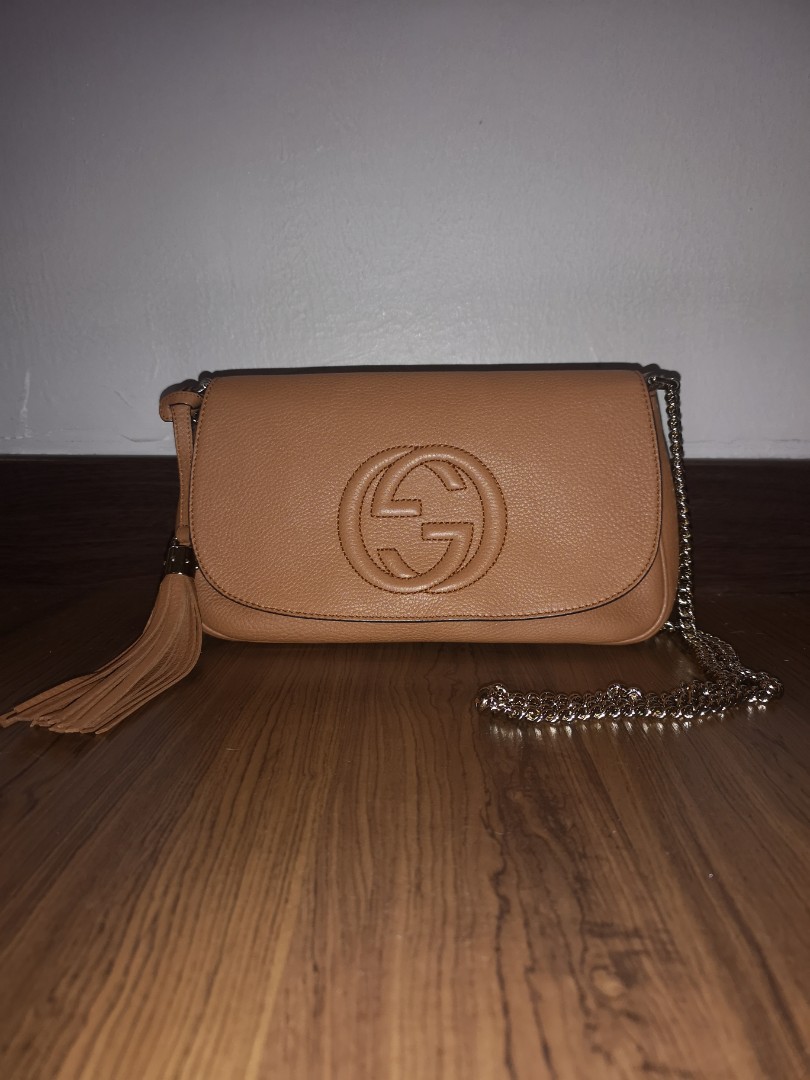 Gucci Soho Leather Flap Shoulder Bag Leather Brown Gold Chain