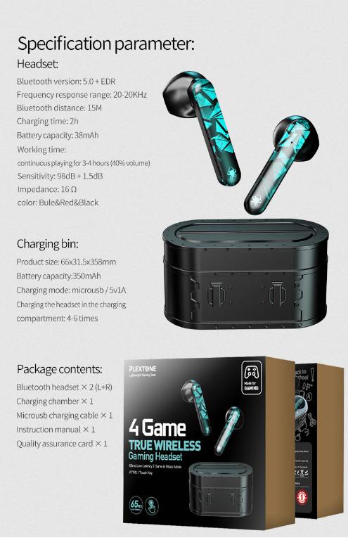 Plextone 4Game TWS Gaming Earphone True Wireless Stereo in Ear Gaming Headset Bluetooth 5.1 65ms Ultra Low Latency Wireless Headphones Earbuds