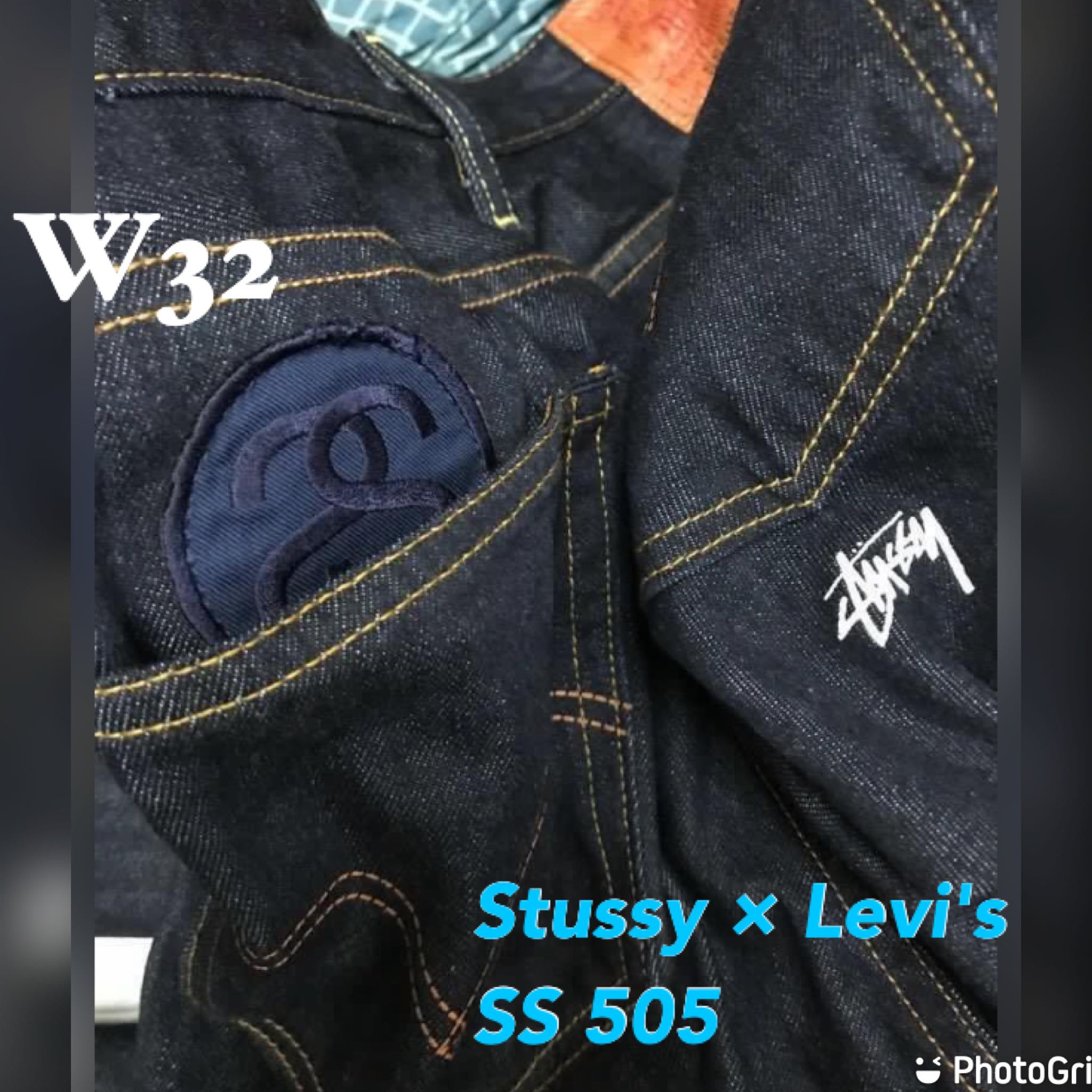 🇯🇵Stussy × Levi's SS505 刺繡章dark blue jeans 99%🆕, 男裝