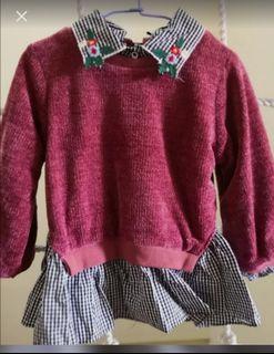 假2件刺繡拼接格紋保暖刷絨上衣