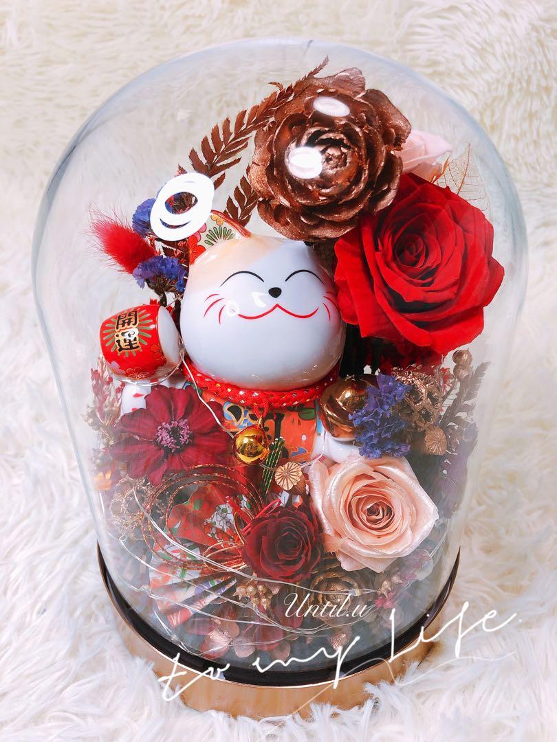 永生花開運招財貓 玻璃罩瓶 預購 Carousell