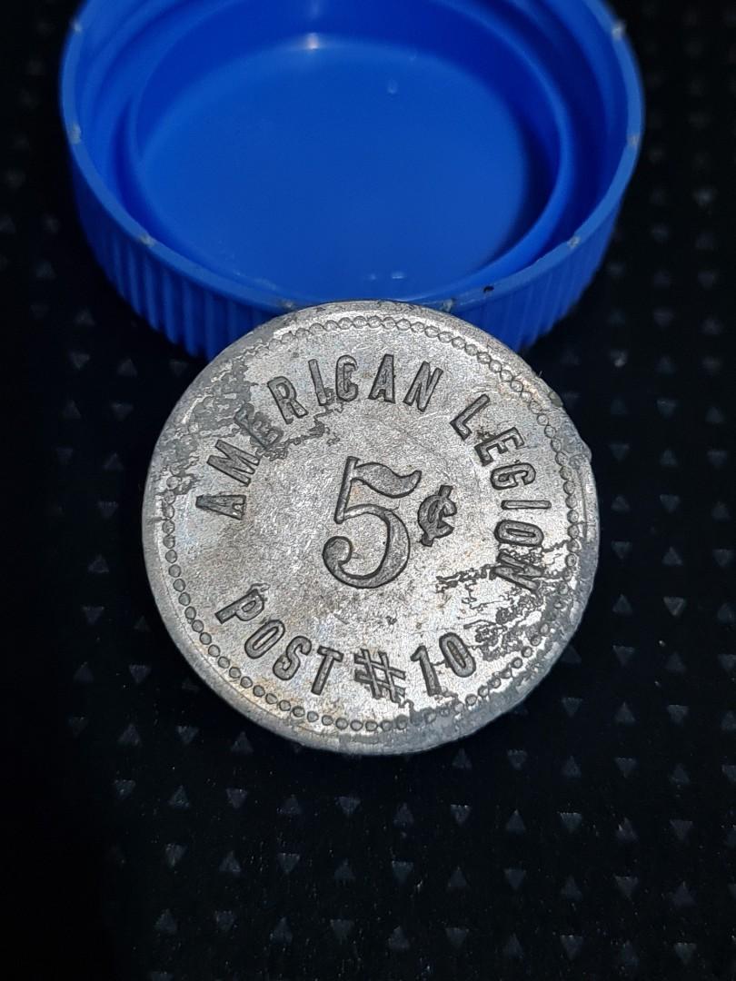 American Legion 5c post #10 token (Category: Currency) located in Quezon City. Submitted by lobaman (Listing ID 1060957039, Image 1). Description: very rare aluminum token..