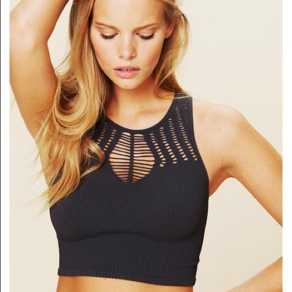 Free People Black Ribbed Knit Bralette Cutout High Neck FP Crop Top XS,  Women's Fashion, Tops, Sleeveless on Carousell