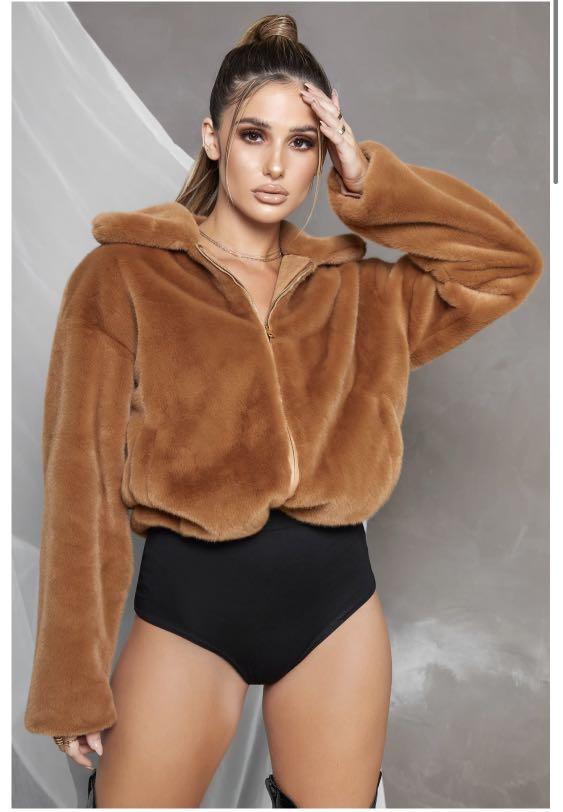 Camel faux fur bomber store jacket