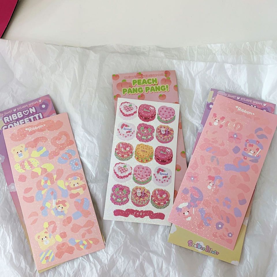po korean aesthetic kpop polca ribbon confetti with bears cake holographic stickers hobbies toys stationery craft stationery school supplies on carousell