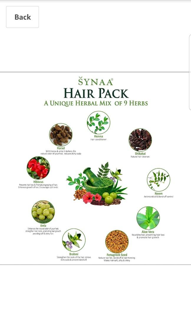 Synaa hair pack henna shikakai neem aloe vera fenugreek brahmi amla hibiscus  harad herbal powder hair dye mask, Beauty & Personal Care, Hair on Carousell