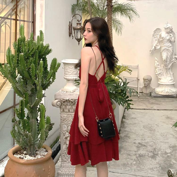 1068 deep wine red cross back dress flowy cny chinese new year ulzzang korean vintage retro