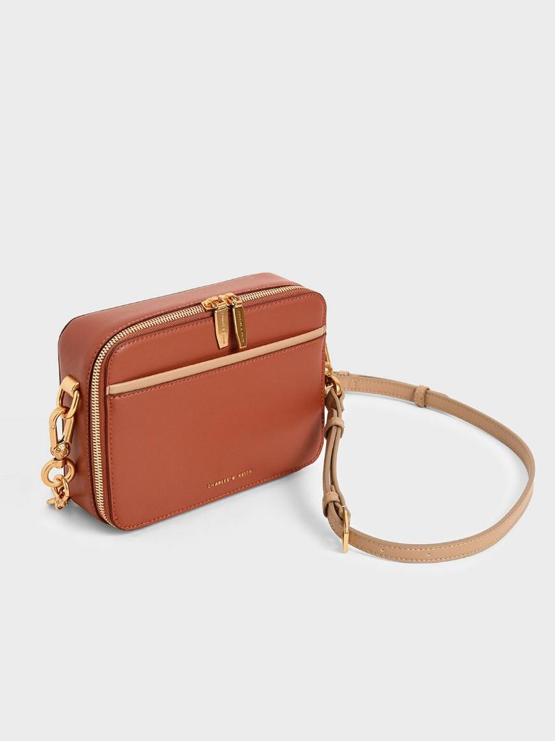 Charles and Keith Double Zip Crossbody Bag Camera Clay Brown, Women's Fashion, Bags & Wallets