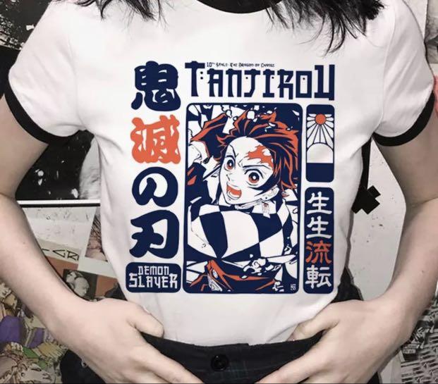 Demon Slayer Anime Tanjiro Kamado Shirt Coloured With Japanese Characters Men S Fashion Clothes Tops On Carousell