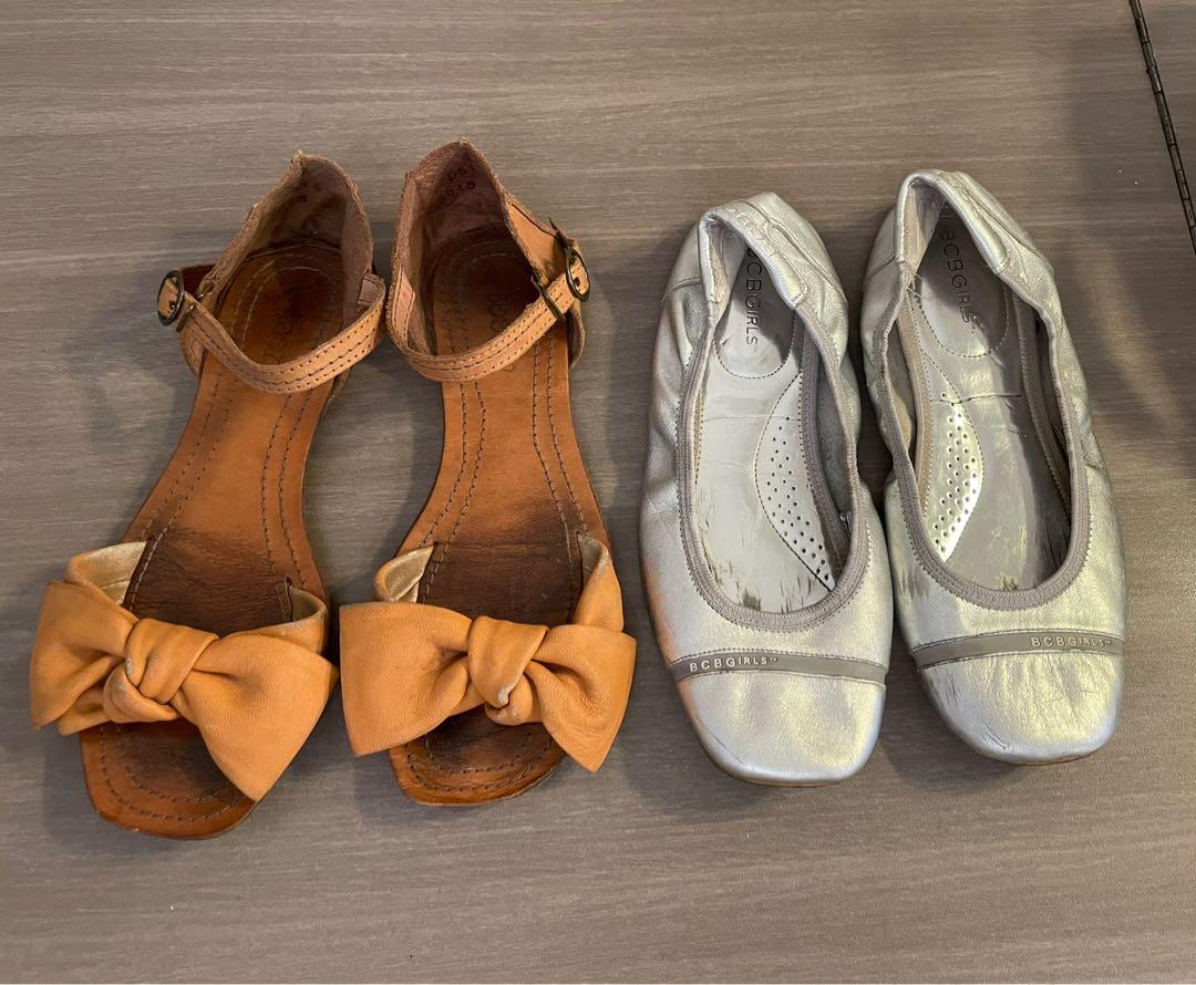 Leather ribbon sandals and BCBG flats size 7 (Category: Flats & Sandals) located in Manila. Submitted by urban_clothing (Listing ID 1061100891, Image 1). Description: Price for 2 pairs already. Both size 7 a leather sandals and a silver BCBG flats.