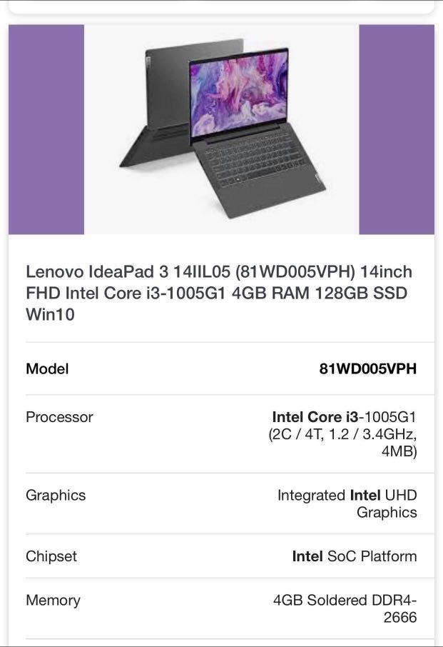 Lenovo IdeaPad 3 14IIL05, Computers & Tech, Laptops & Notebooks on Carousell