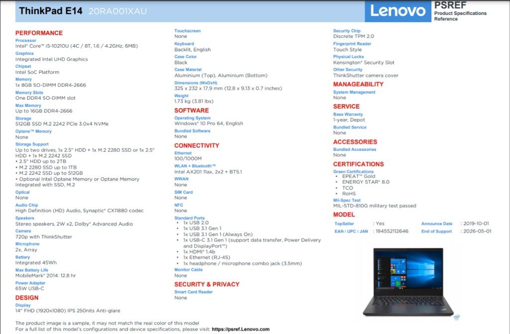 Lenovo ThinkPad E14 (20RA)/Intel Core i510210U 10th GEN/8GB/512GB SSD