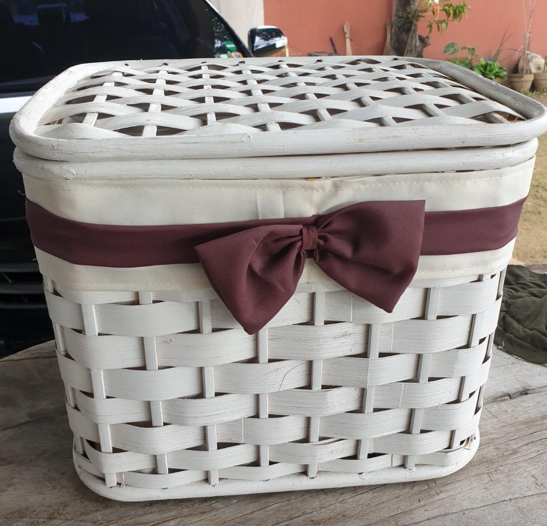 Painted bamboo - trunk organizer (Category: Storage Boxes & Baskets) located in Cainta. Submitted by mama.sells (Listing ID 1061157148, Image 1). Description: painted white bamboo organizer/container new, never used *12 x 10" x 10"ht *fully lined (off white) * with brown box accent perfect to organize your things👍 can also be a toy box👶🧸 due to imperfect storage some portion with paint chipping off and needs cleaning to take away dust🤧.