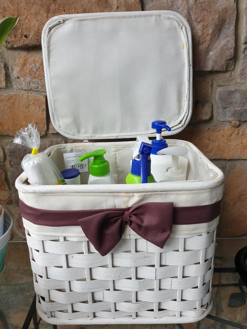 Painted bamboo - trunk organizer (Category: Storage Boxes & Baskets) located in Cainta. Submitted by mama.sells (Listing ID 1061157148, Image 2). Description: painted white bamboo organizer/container new, never used *12 x 10" x 10"ht *fully lined (off white) * with brown box accent perfect to organize your things👍 can also be a toy box👶🧸 due to imperfect storage some portion with paint chipping off and needs cleaning to take away dust🤧.