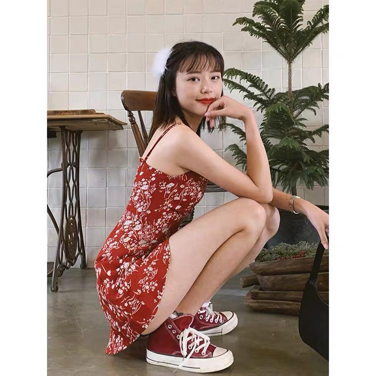 1065 Red Floral Dress Chinese new year cny spaghetti strap casual ulzzang  korean vintage retro, Women's Fashion, Tops, Sleeveless on Carousell