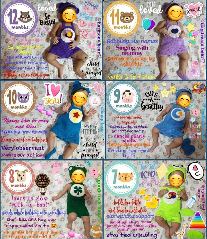 12 Months Milestone Carebears outfit Set (Category: Babies & Kids Fashion) located in Quezon City. Submitted by cath.e.rine (Listing ID 1061346770, Image 2). Description: 12 months milestone outfit 12 sets of jumper, shoes & head dress carebears.