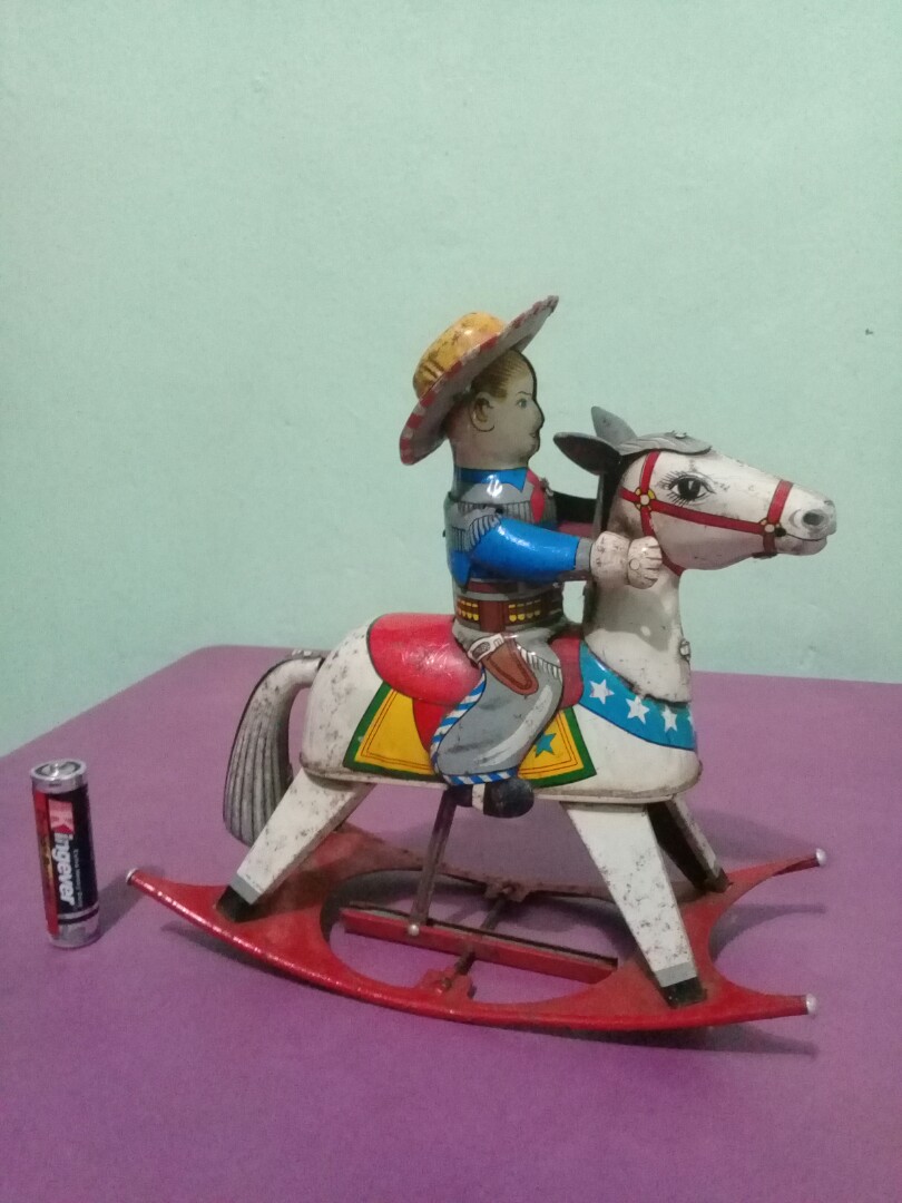 Courtland Rocking R Ranch Wind Up 1950s YONEZAWA CRAGSTAN Cowboy on Rocking Horse Wind Up Tin Toy ...