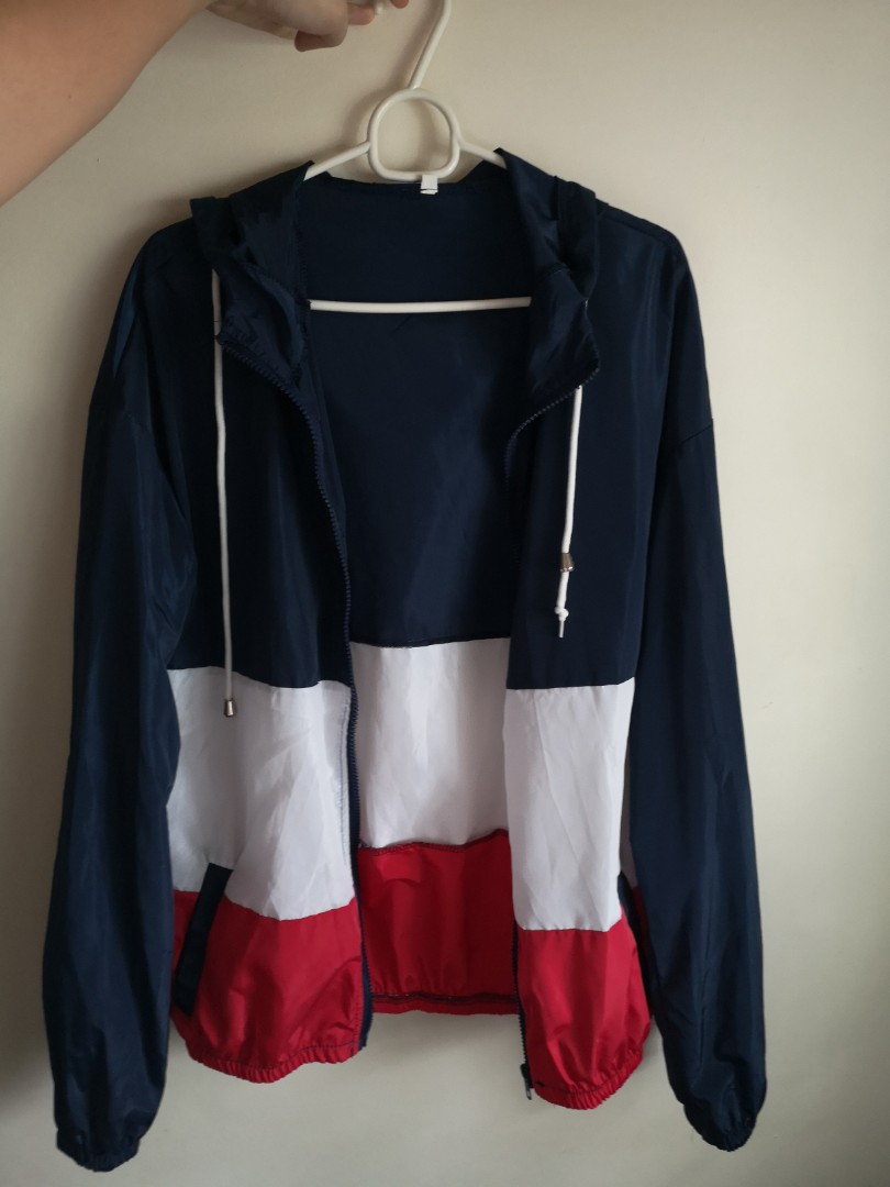 blue white and red colour block windbreaker Women s Fashion