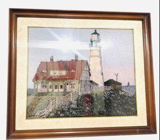 Framed Cross stitch (House, cross stictches, complete, our daily bread, light house, garden, framed, frame)