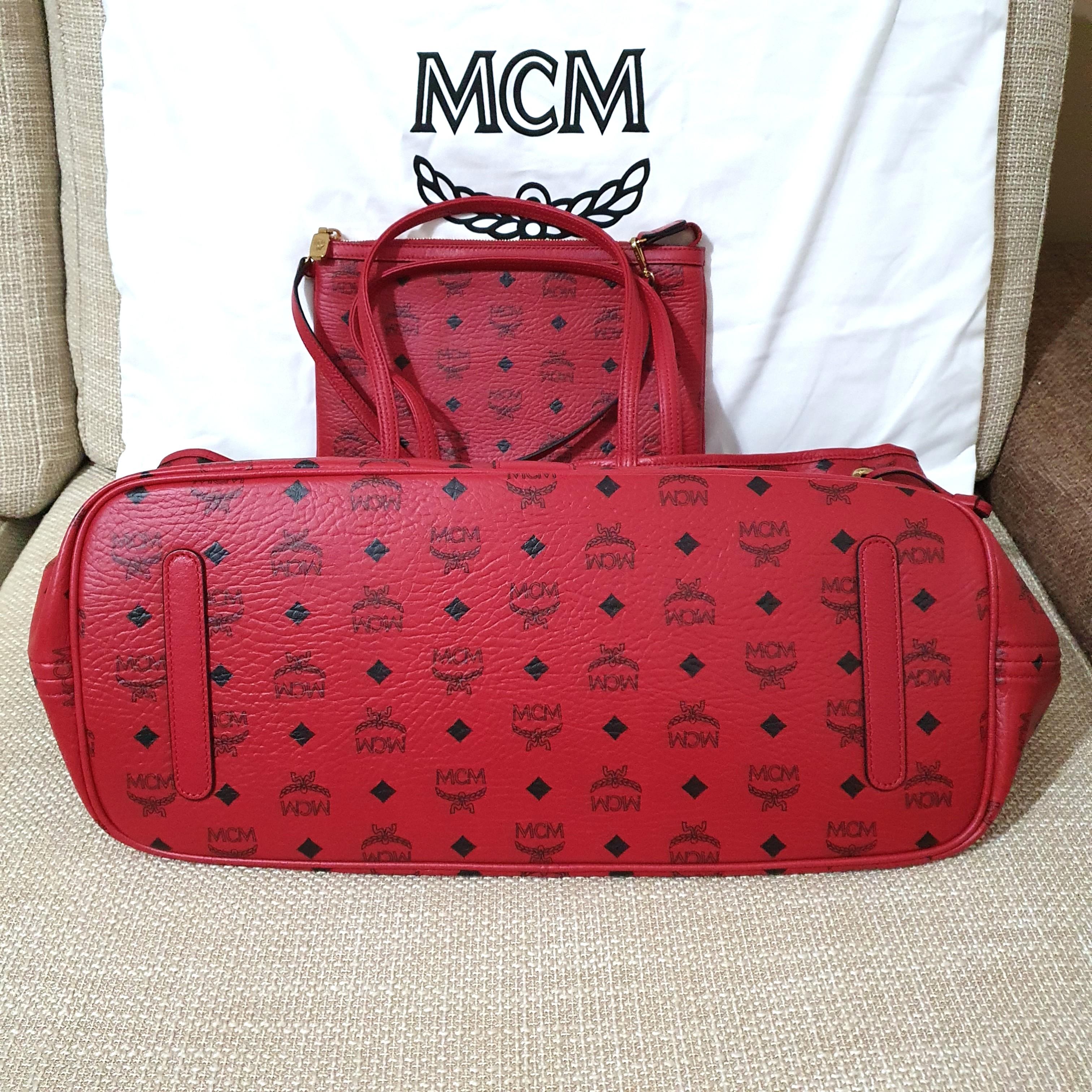 Mcm Pattern Print, Red Large Visetos Liz Reversible Tote Bag