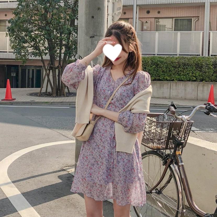 Purple Floral Long-sleeve Short Chiffon Dress Korean Spring Summer, Women's  Fashion, Muslimah Fashion, Dresses on Carousell