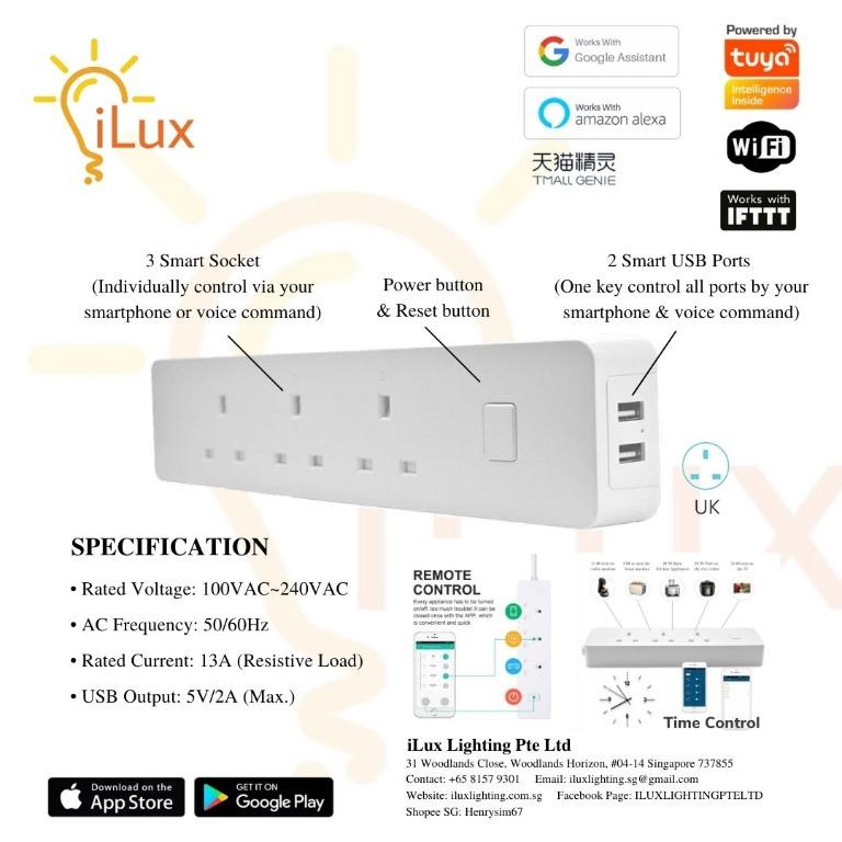 Smart Extension Socket (Socket + USB ) (Category: Electrical, Adaptors & Sockets) located in Singapore. Submitted by ilux777 (Listing ID 1061603871, Image 3). Description: [TUYA] Smart Extension Socket (Socket + USB ) Rated Voltage: 100VAC~240VAC Rated Current: 13A (Resistive Load) AC Frequency: 50/60Hz USB Output: 5V/2A (Max.) Wireless Type: Wifi 2.4GHz.