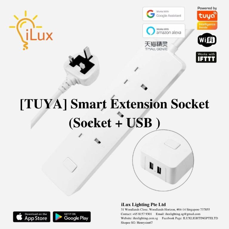 Smart Extension Socket (Socket + USB ) (Category: Electrical, Adaptors & Sockets) located in Singapore. Submitted by ilux777 (Listing ID 1061603871, Image 1). Description: [TUYA] Smart Extension Socket (Socket + USB ) Rated Voltage: 100VAC~240VAC Rated Current: 13A (Resistive Load) AC Frequency: 50/60Hz USB Output: 5V/2A (Max.) Wireless Type: Wifi 2.4GHz.