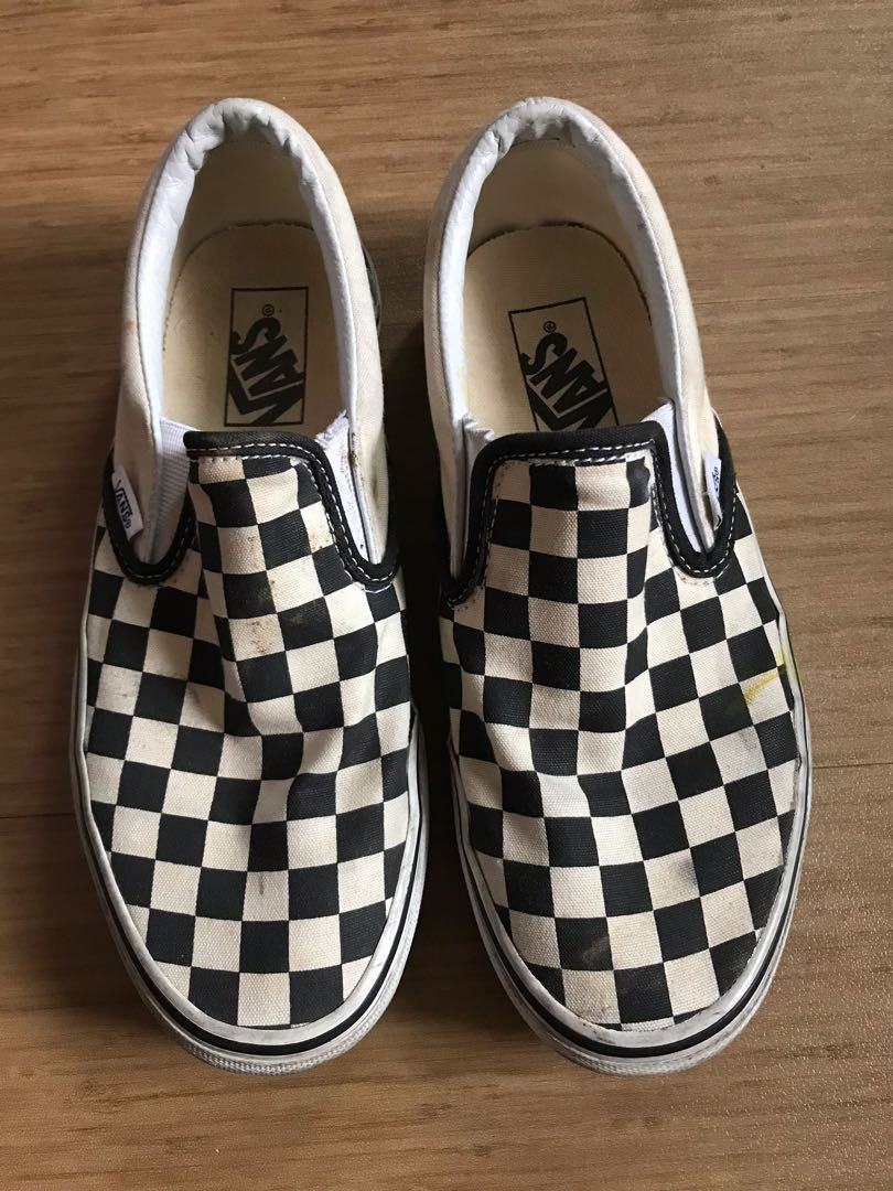 vans gray checkered slip on