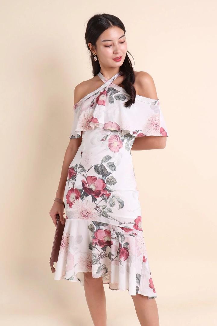 White floral 2024 cold shoulder dress
