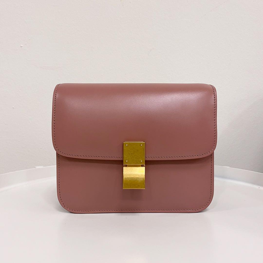 Authentic Celine Antique Rose Pink Teen Box bag in Cafskin and Gold Hardware