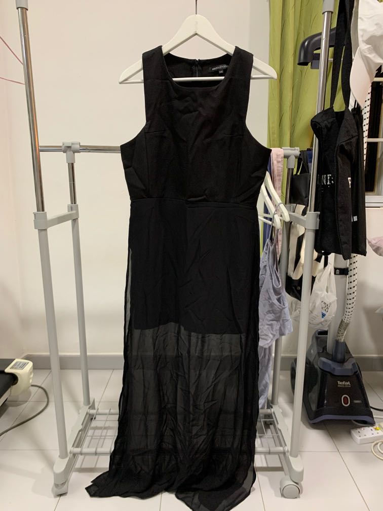 Black maxi see through mini dress with split side, Women's Fashion ...