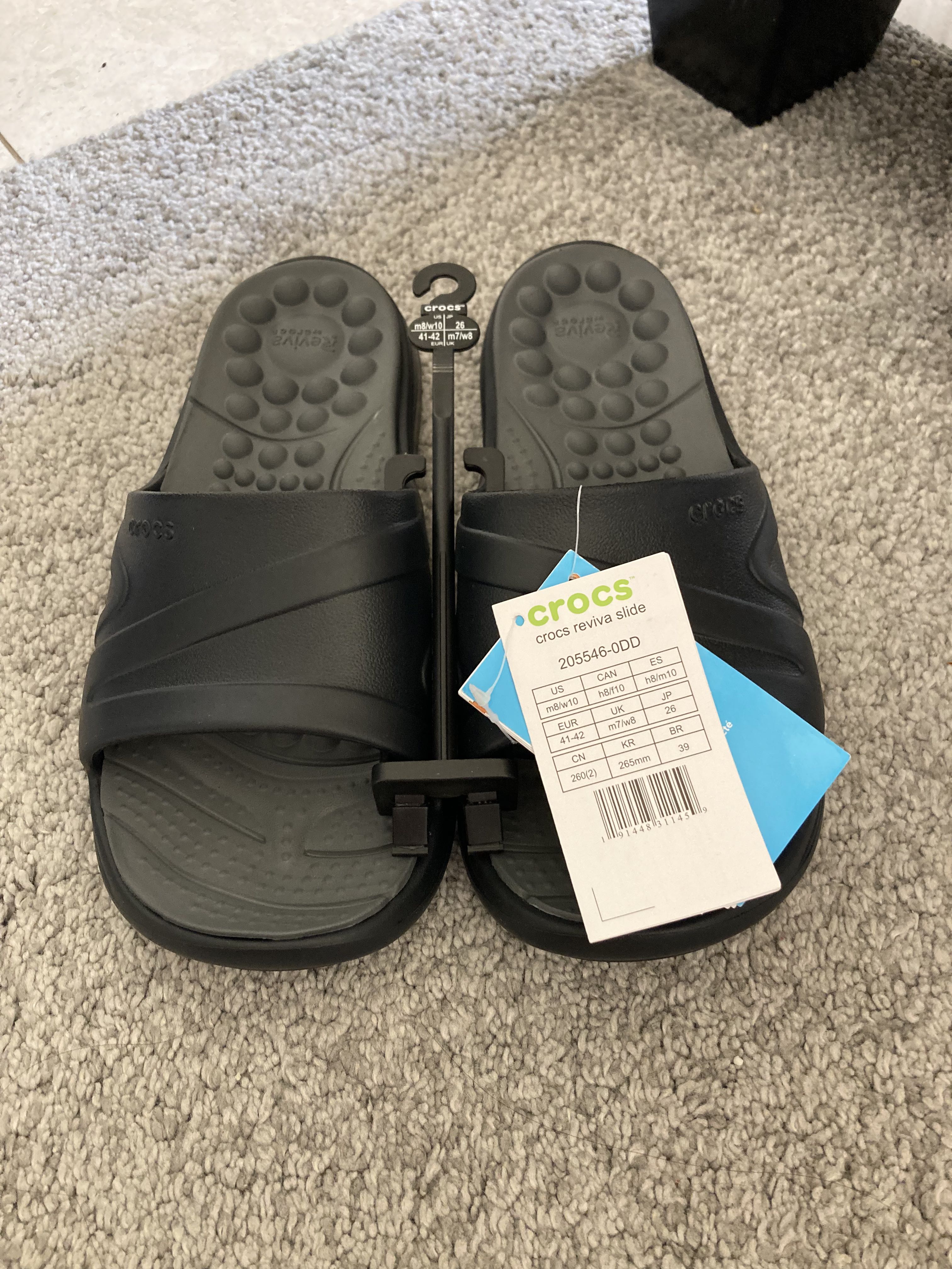Crocs Reviva Slides Black M8W10, Men's Fashion, Footwear, Slippers ...