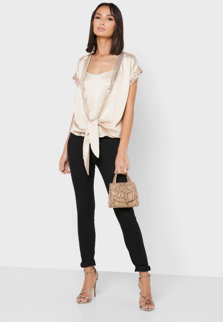 Dorothy Perkins Champagne Beige Embellished Sleeve Top Women s