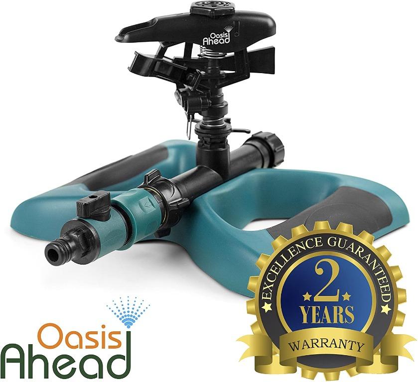 Oasis Ahead Lawn Sprinkler K-200 With Long Range Pulsating Head For Up To 360 Degrees Watering Of Your Garden Including Water Shut Off Valve and Metal Weighted Base with Extra Sprinkler Head