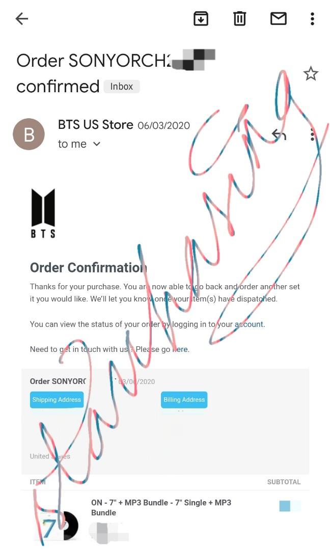 [PREORDER] BTS ON 7" VINYL (Category: Vinyls) located in Quezon City. Submitted by starchasing (Listing ID 1116885509, Image 2). Description: Hi! This is a listing for the Limited ON 7" Vinyl. These were bought from the US BTS Store last year and counted on the Billboard charts. These are not preloved/second hand/bought from a different person in 3rd party sites. Vinyls are still in the US, hence the Preorder tag. Please only send a message if yo