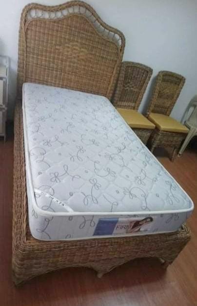 Rattan single size bed set (Category: Bed Frames & Mattresses) located in Manila. Submitted by curatedpieces.ph (Listing ID 1116855844, Image 1). Description: Personally owned. Will change interior. This unit is in Cavite. super heavy. durable. will definitely last for lifetime. imported from Japan. non detachable. yung headboard can be detached per request then kayo nalang mag-pako upon getting the unit. Need to dispose asap. last price posted..