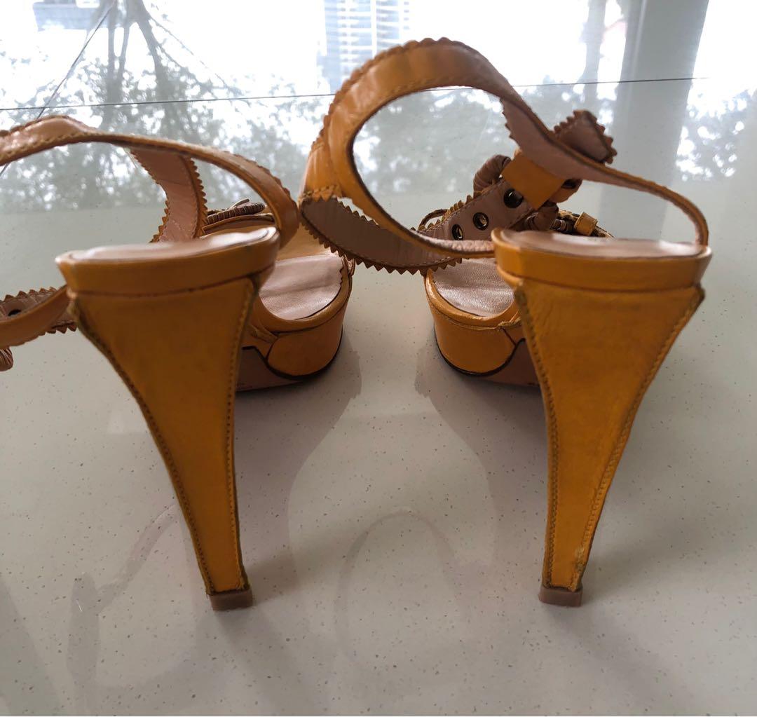 Sergio Rossi Open toe Platform Strap Heels accented with Rattan buckles in Mango Yellow size EU 37 UK 4 Women s Fashion Footwear Heels on Carousell