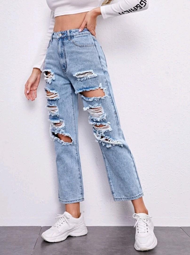 SHEIN High Raise Ripped Straight Leg 