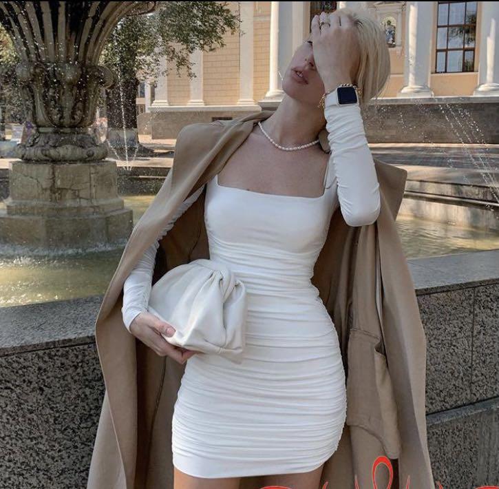 White Women's Casual Long Sleeve Dress Square Collar Pleated Slim Fit Short  Dress, Women's Fashion, Dresses u0026 Sets, Dresses on Carousell