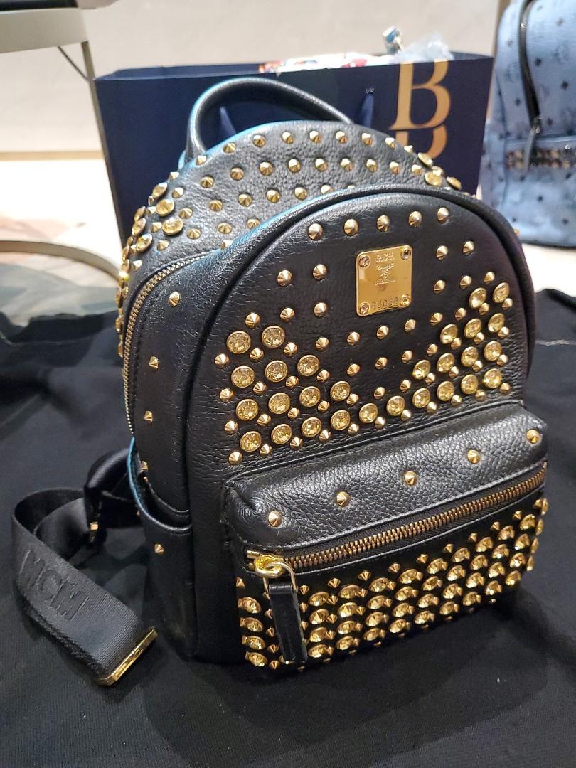 MCM Black Leather Gold Diamond Backpack